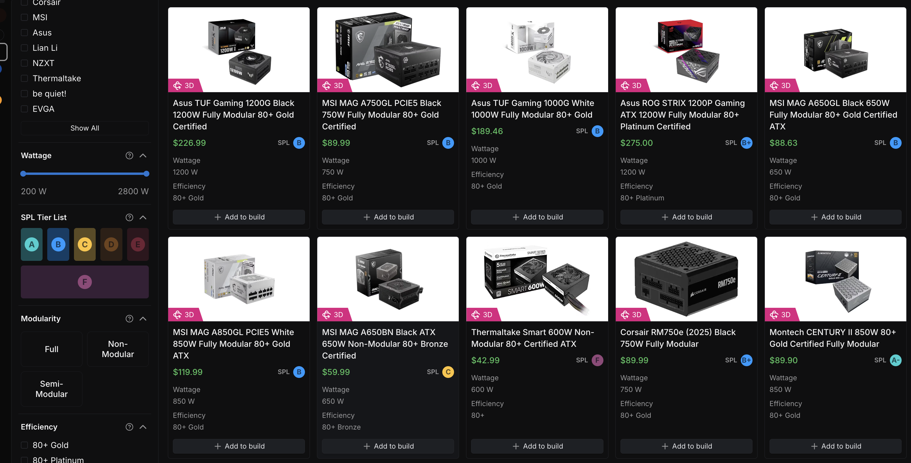SPL PSU tier filters and model-specific ratings in the BuildCores catalog
